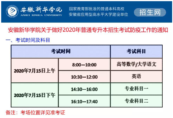 2021年安徽专升本考试科目考试时间